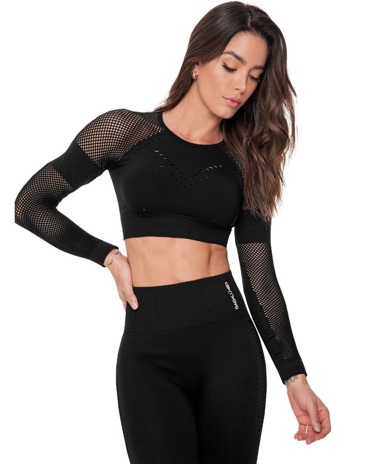 Long-sleeve crop top Laser-cut lattice